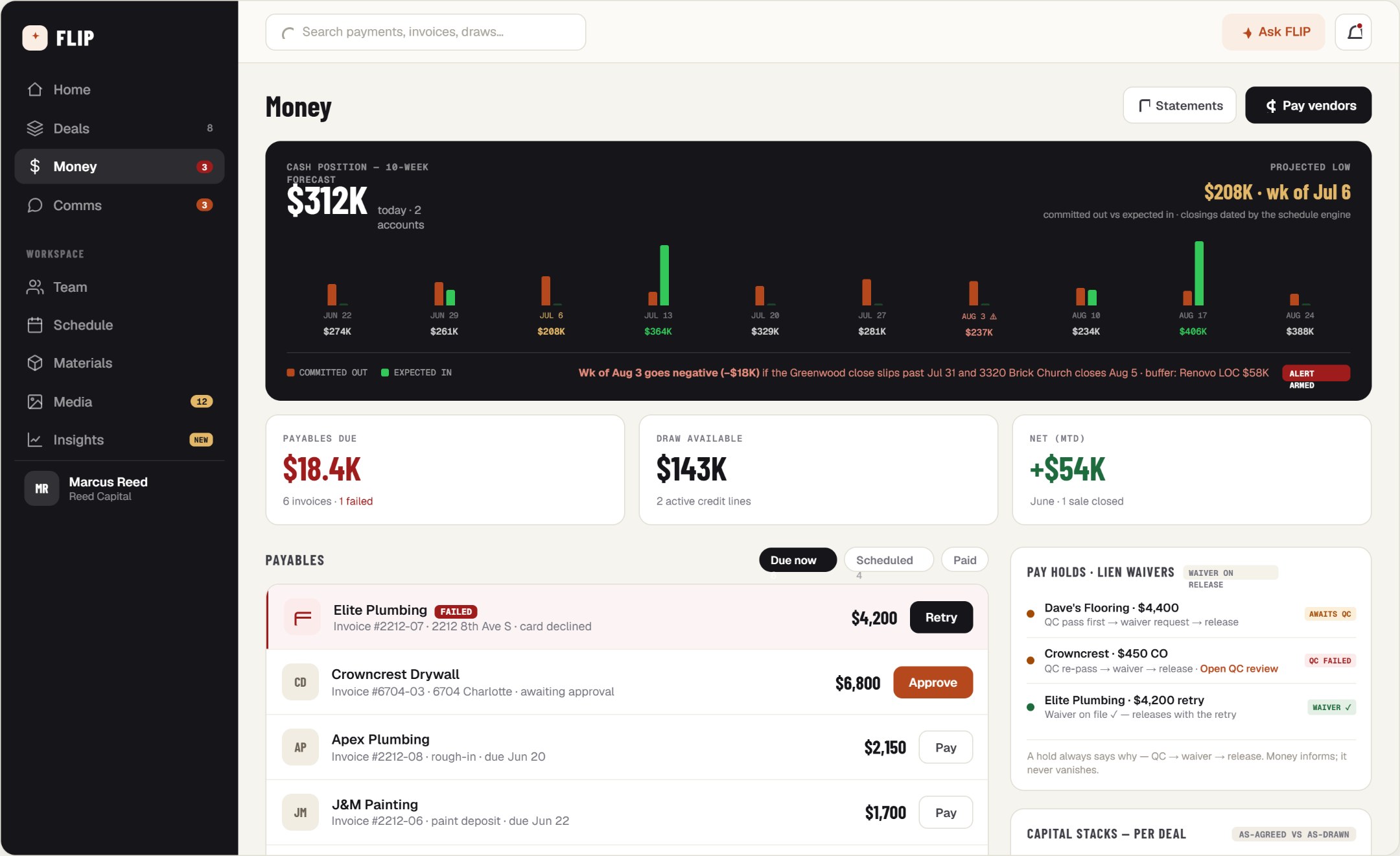 FLIP — the money screen: every payment on its job
