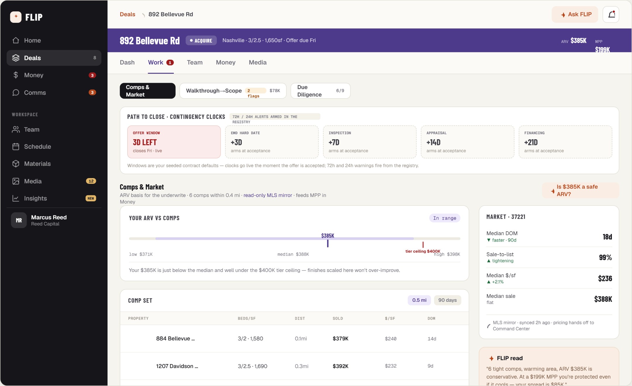 FLIP — the offer screen: what to pay and why